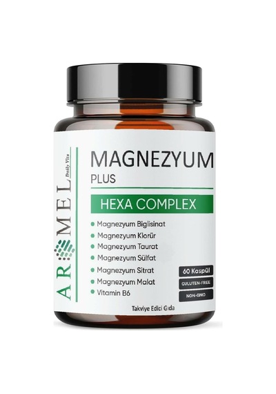 Aromel Magnezyum Plus, Hexa Complex 60 Kapsül Magnezyum, Biglisinat, Klorür, Taurat, Sülfat, Sitrat, Malat