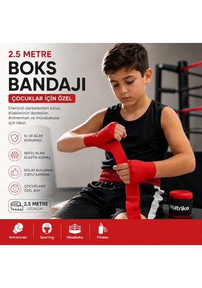 Voltrike Çocuk Boks-kickbox-muay Thai-sanda El Bandajı Kırmızı 2.5 Metre Çok renkli