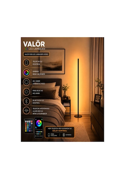Valör Telefon Ve Kumanda Kontrollü - Oda Aydınlatma Sistemi Full Rgb - 150 Cm Siyah
