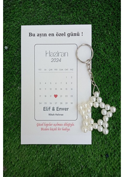 20 Adet Takvim Konsept Kuşe Kartlı İnci Yıldız Anahtarlık - Nikah