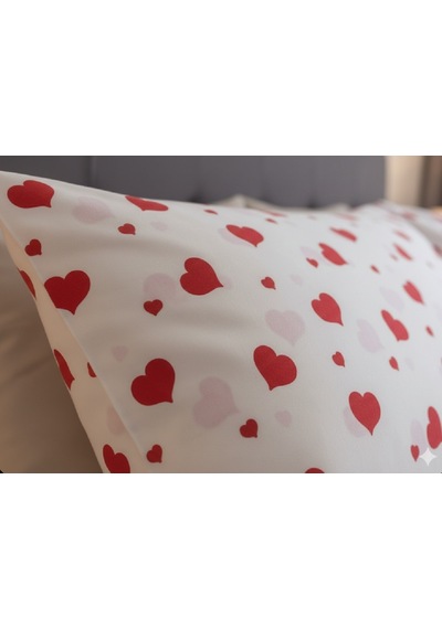 Taç Sevgililer Günü Yastık Kılıfı Seti. 2 Adet 50x70 Cm. %100 Pamuk Beyaz - Kırmızı