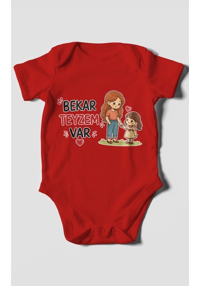 Morivokids Bekar Teyzem Var Kısa Kollu Bebek Body %100 Pamuk Kırmızı