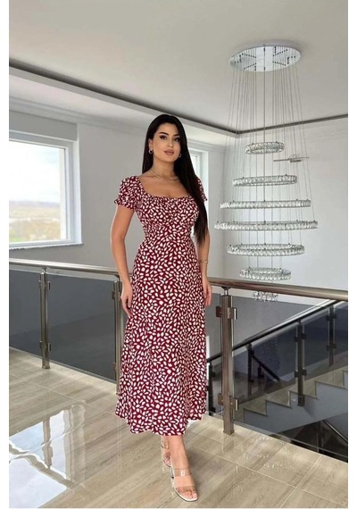 Veraura Lifestyle Kadın Kare Yaka Kemerli Midi Elbise Çok renkli