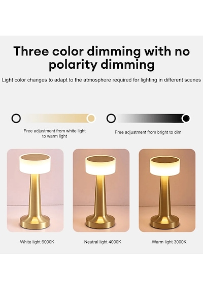 Modern Led Abajur Masa Lambası Dokunmatik 3 Mod Kademeli Şarjlı Dokunmatik Gold Masa Lambası Orta Kafa Gold