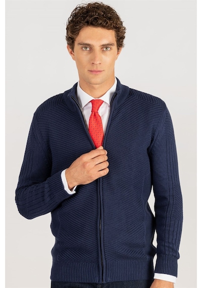 Tudors Erkek Slim Fit Kendinden Desenli Lacivert Hırka-23219 Lacivert
