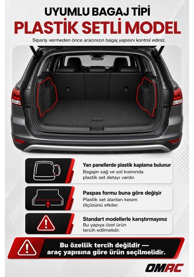 Mercedes C Serisi W205 / Sedan 2014+ Uyumlu Araca Özel Kauçuk Bagaj Havuzu Siyah Plastik Setli İçin