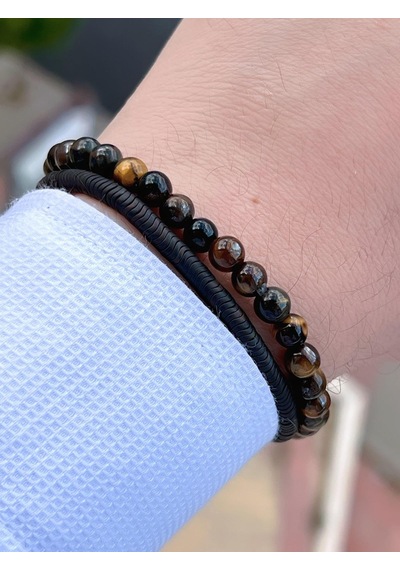 Nursaat Doğal Taş Özel Kombin Kaplan Gözü Ve Karlı Obsidyen Taşı Doğal Unisex Bileklik Blkt.ns07 2 Adet Çok Renkli