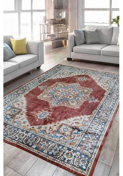 Çam Halı Dream 32-037 Etnik Eskitme Desenli Dokuma Tabanlı Yıkanabilir Şönil Salon Ve Oda Halısı Kiremit