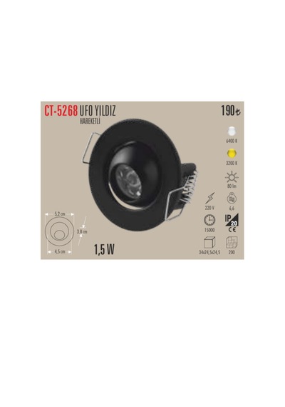 Ct-5268 Ufo Yıldız Hareketli 1.5 W Led Spot 10 Adet Siyah Kasa Beyaz