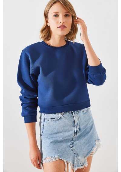 Shade Kadın Bisiklet Yaka Şardonlu Basic Crop Sweatshirt 60251797 - Lacivert