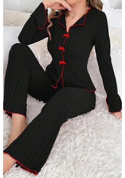 Moda Dua Kadın Siyah Kırmızı Biyeli Ve Fiyonklu Uzun Kollu Mevsimlik Pijama Takımı