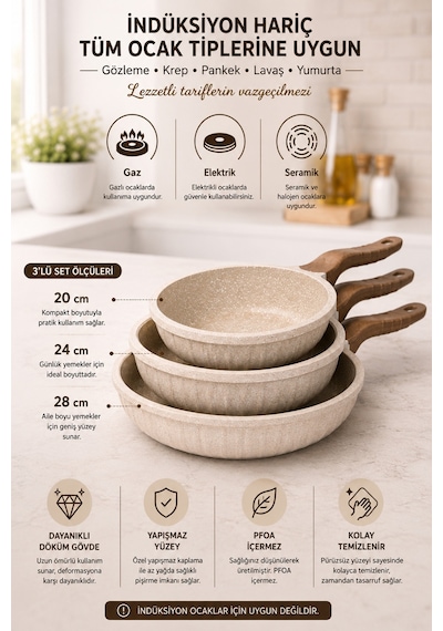 Line 3 Parça Döküm Tava Set 20/24/28 Cm Yapışmaz Cappucıno