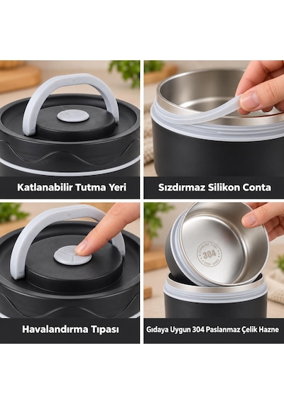 Valkyrie 3 Katlı Taraftar 304 Paslanmaz Çelik Yemek Termosu 420+420+550ml Isı Yalıtımlı Çantalı Siyah