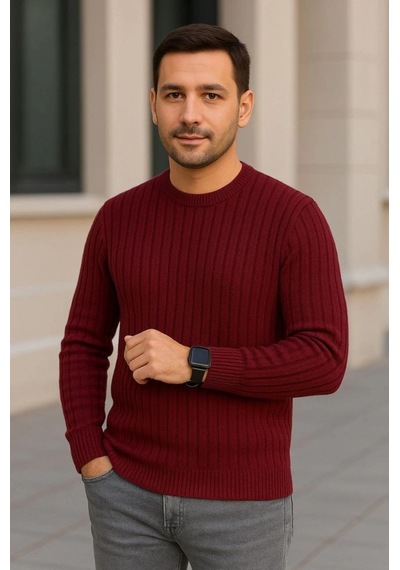 Efnaz Style Erkek Bisiklet Yuvarlak Yaka Triko Kazak Pamuklu Kalın Fitilli Dokuma, Regular Fit Uzun Kollu Kışlık Model - Bordo