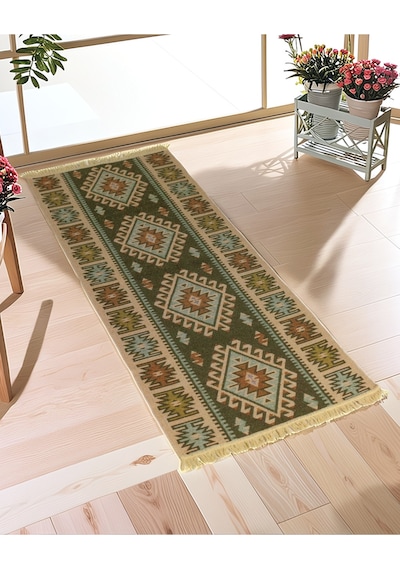 "çift Taraflı Kullanılabilir, Makinede Yıkanabilir, Modern Desenli Kilim 11 Farklı Ebat" Yeşil Yeşil