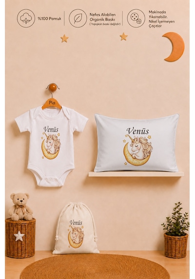 Pia Baby İsimli Kız Bebek Hediye Seti %100 Pamuk Organik Baskılı Body Yastık Kılıfı Ve Ham Bez Bebek Kıyafet Kesesi 1108bykyx Ekru