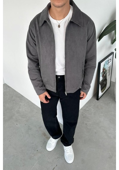 Gri Süet Kumaş Basic Relaxed Ceket Gri