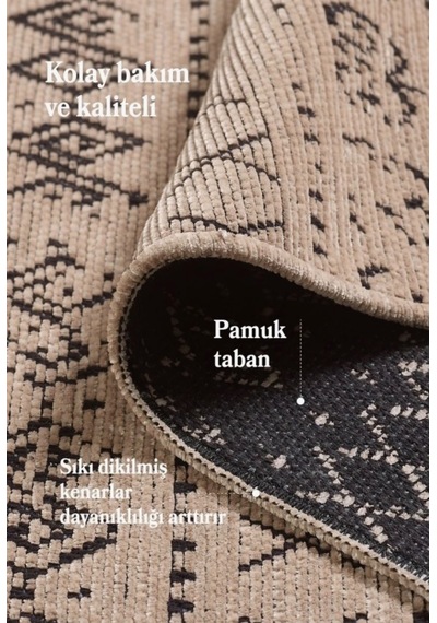 Bohem Tarz Dekoratif Pamuk Taban Şönil Kilim Bej Renk Halı Gri