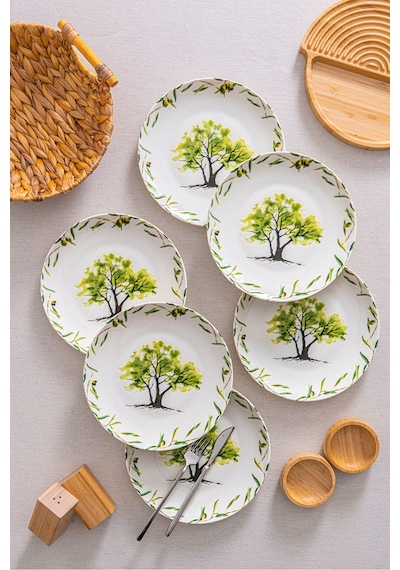 Olive 25 Cm Servis Tabağı 6 Lı Set Akdeniz Zeytin Desenli Premium Porselen Yeşil