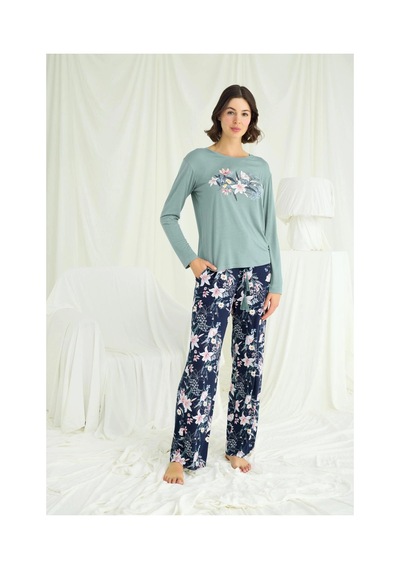 L'ombre Çiçek Ve Yaprak Desenli Baskılı Pijama Takımı Yeşil