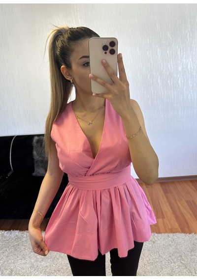 Jenerik Eteği Valonlu Beli Kuşaklı Kruvaze Poplin Bluz Pembe