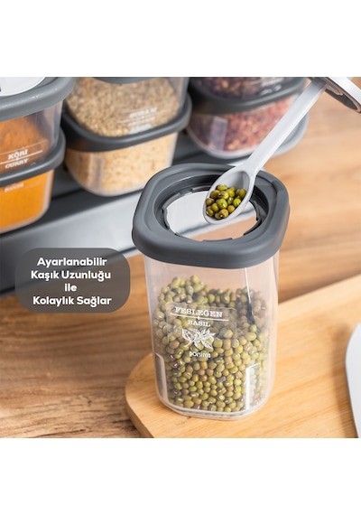 Porsima 1117 Standlı Kaşıklı 360° Döner Kapaklı Baharatlık Seti Antrasit - Gri