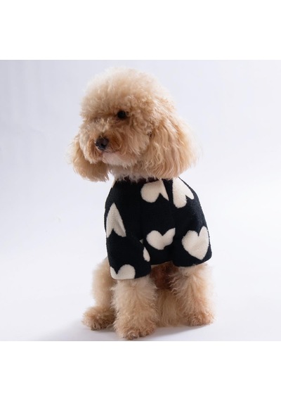 Siyah Kalp Desenli Love Night Sweat Dar Kalıp Kedi Köpek Sweati Kedi Köpek Kıyafeti Köpek Peluşu Sıcak Tutan Sweat