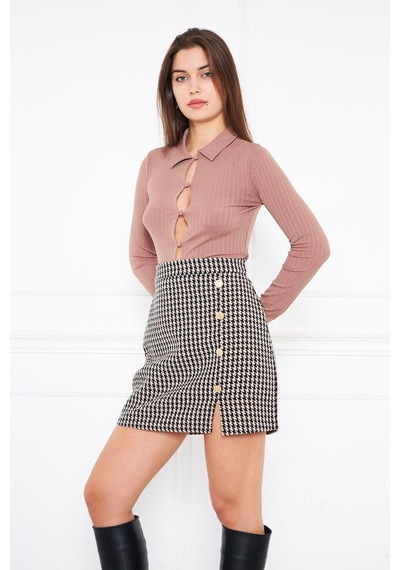 Darlin Moda Kahverengi Düğme Detaylı Tweed Mini Etek DM 2002 Kahverengi