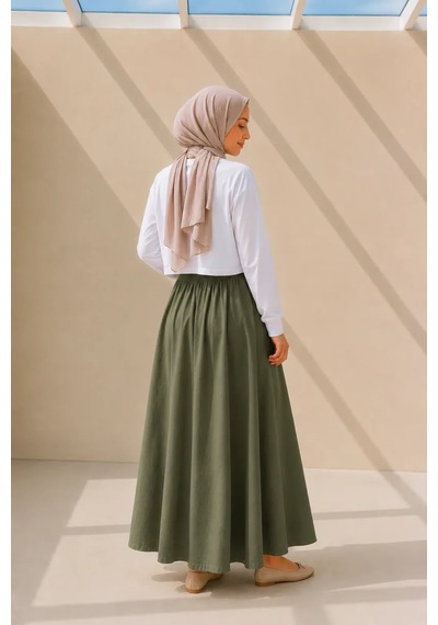 Kadın Haki Cepli Beli Lastikli Poplin Uzun Etek