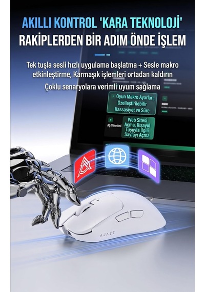 Ajazz Kablosuz Oyuncu Mouse 2.4ghz Bluetooth Kablolu 3 Modlu Bağlantı Aı Sesli Asistan Nearlink 500mah 61g Hafif 400-3200 Dpı Type-c Aj200 Nl Aı Mc - Beyaz