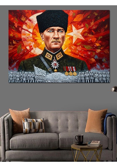 Türk Bayrağı Mareşal Mustafa Kemal Atatürk Ve Kahraman Türk Askeri Dekoratif Kanvas - Mdf Ahşap Tablo