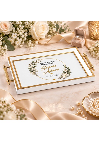 Bk Gift Kişiye Özel Beyaz&gold Söz Nişan Tepsisi-5 - 39x23 Cm Çok Renkli