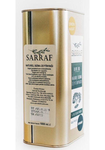 Sarraf Erken Hasat Soğuk Sıkım Naturel Sızma Zeytinyağı Teneke 1 L