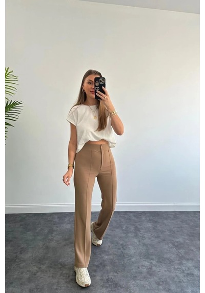 Winmoda34 Yüksek Bel Çimalı Palazzo Kumaş Pantolon Nevrulu Camel