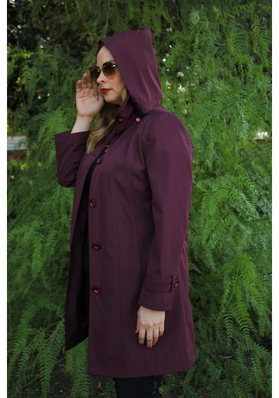 Moda Berray 1671 Kolu Düğme Detaylı Uzun Kapişonlu Mürdüm Büyük Beden Kadın Ceket Mürdüm