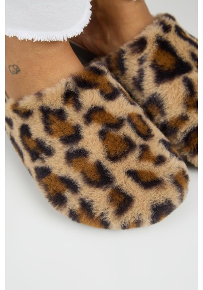 Manijero Leda Kadın Peluş Düz Taba Leopar Terlik Taba - Leopar