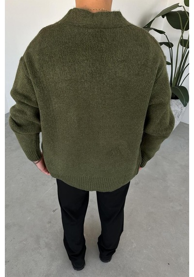 Haki Basic Soft Relaxed Hırka Haki