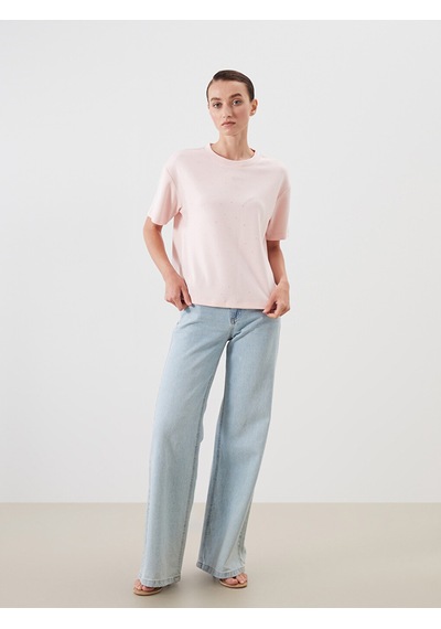 Lcw Comfort Pembe Taşlı Soft Touch Kadın Tişört