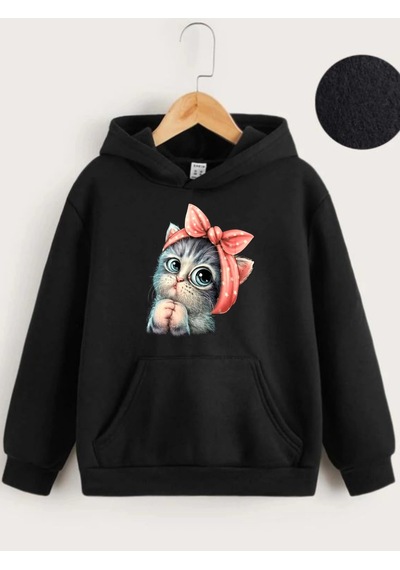 Moda Assema Çocuk Unisex Kapüşonlu Tatlı Kedi Baskılı Sweatshirt - Siyah Çok Renkli