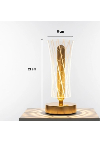 Silindirik Kristal Çizgi Model Led Masa Lambası Gold Tabanlı, Dokunmatik, 3 Renk Işık Modlu, Şarjl Renkli