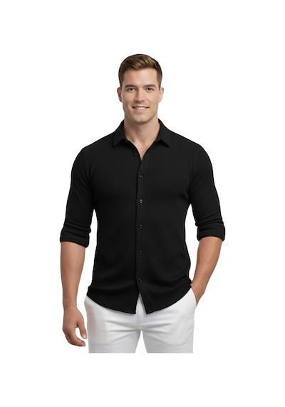 Deepsea Siyah Slim Fit Örme Kumaş Likralı Erkek Gömlek Nefes Alan Esnek Ve Modern Tasarım 2602604 Siyah