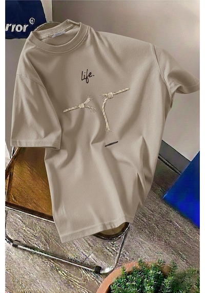 Life Design Minimalist İllüstrasyon Baskılı Unisex Oversize Tişört Taş Rengi