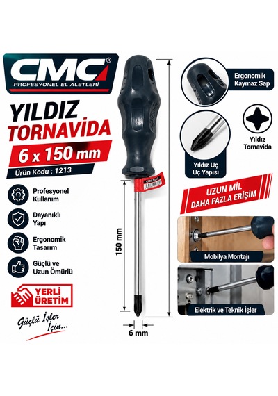 Yıldız Tornavida 6x150 Mm Profesyonel Yerli Üretim Ürün Kodu : Cmc :1213