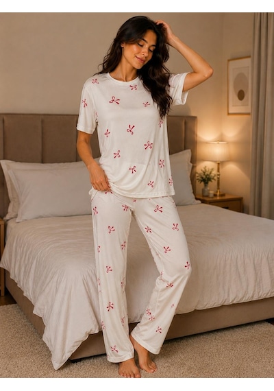 Esra Butik78 Kadın Milan Kumaş Kısa Kollu Pijama Takımı Beyaz/krem Desenli