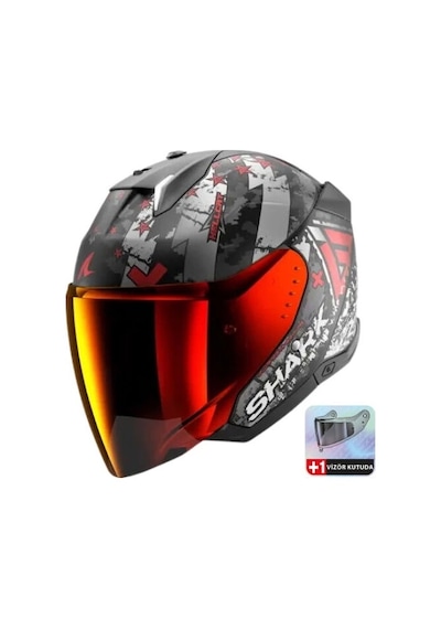 Şeffaf Vizör Gri + Shark Skwal İ3 Jet Hellcat Kırmızı Vizörlü Yarım Kask