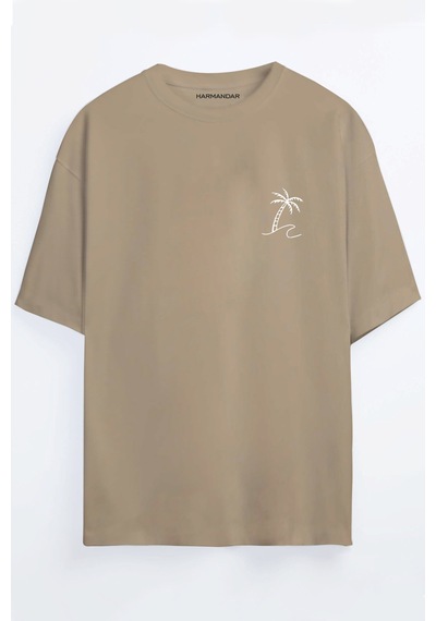 Palmiye Baskılı Unisex Oversize T-shirt Bej