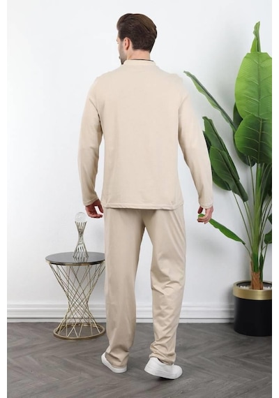 Madmext Bej Düğmeli Yaka Erkek Pijama Takımı E7333 Bej
