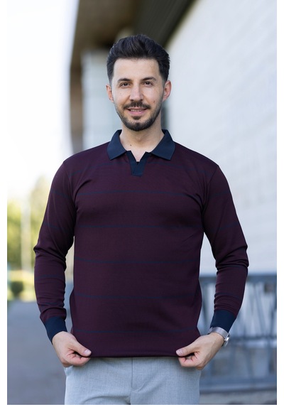 Hk Premium Çizgili Polo Yaka Slim Fit Triko Kazak Bordo