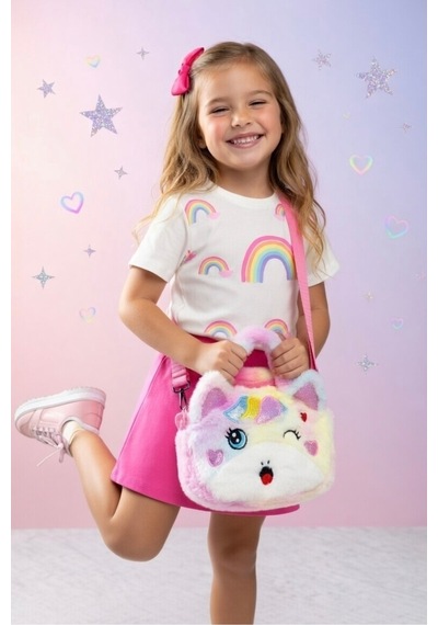 Mollycrush Kız Çocuk Renkli Peluş Çanta Unicorn Tasarımlı Ayarlanabilir Askılı Omuz Ve El Çantası Beyaz