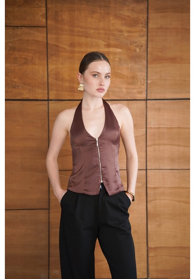 Verymoda Fermuarlı Saten Yelek Vmd2952 Kahve